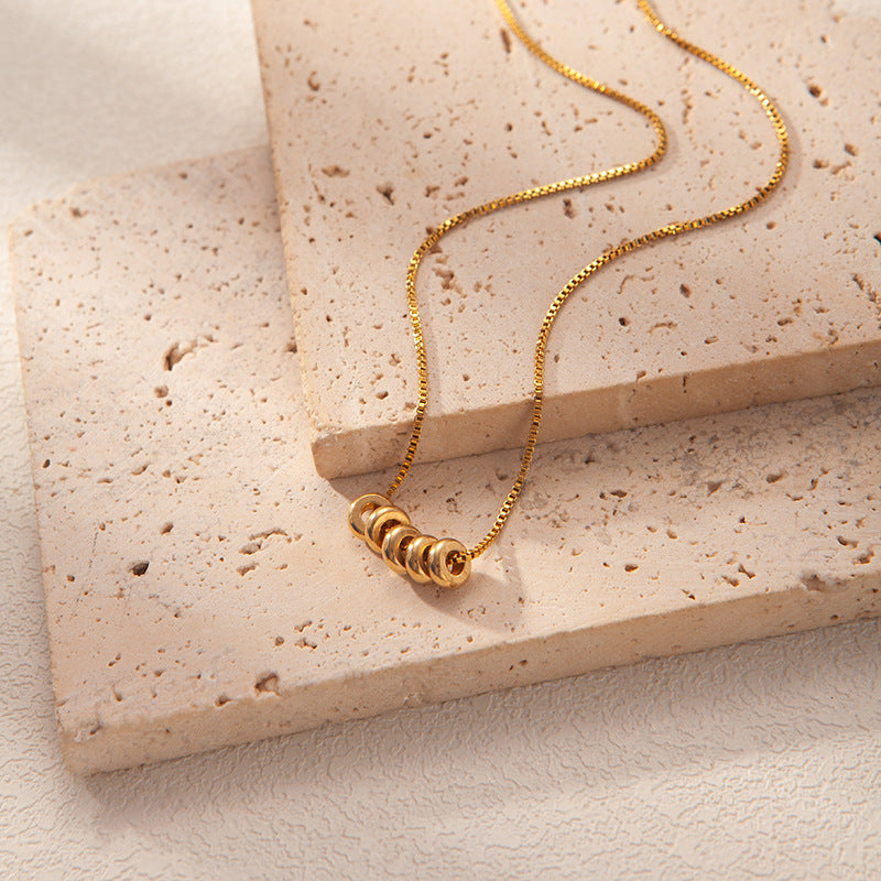 Minimalist 5 Rolling Rings Box Chain Gold Necklace, Dainty Spiral Circle Stack Pendant Timeless