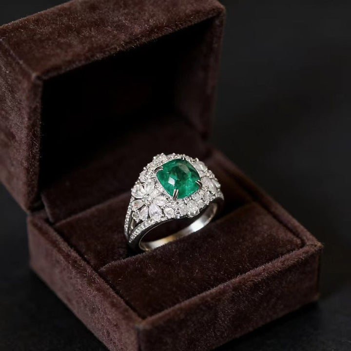Cushion Emerald Halo Floral Cocktail Ring, 3-Tone Luxury Gem Statement Ring For Women