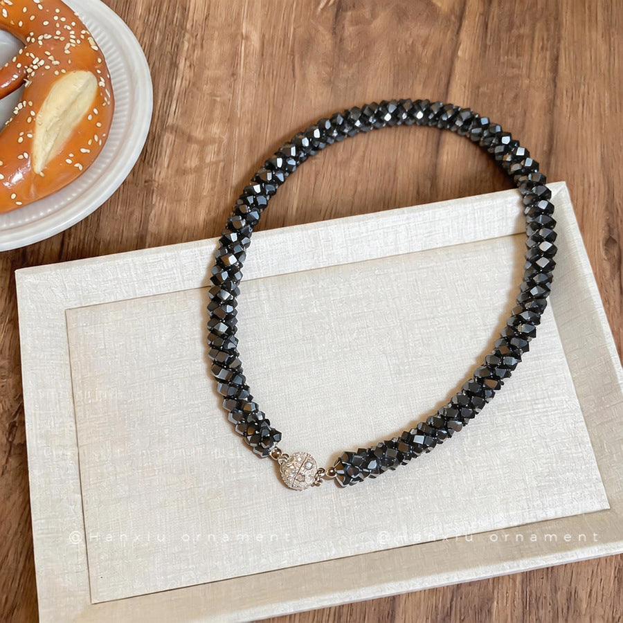 Twisted Multi-Strand Faceted Diamond Choker, Magnetic Diamond Ball Clasp Beaded Necklace
