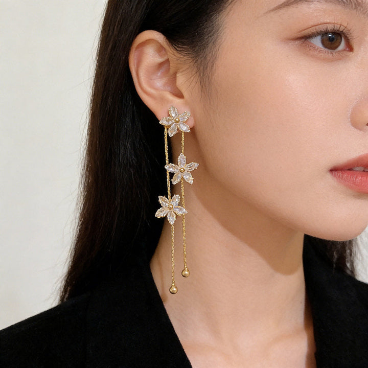 Three-Flower Diamond Long Tassel Drop Earrings, Elegant Slimming Face Chain Dangle Earrings for Women