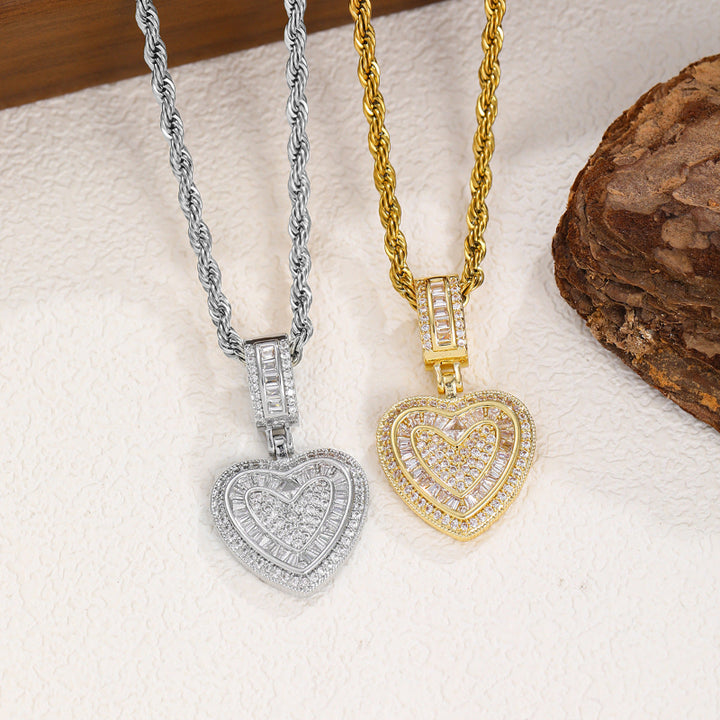 Layered Heart‑Shaped Diamond Pendant Necklace, Rope Chain Two‑Tone Jewelry