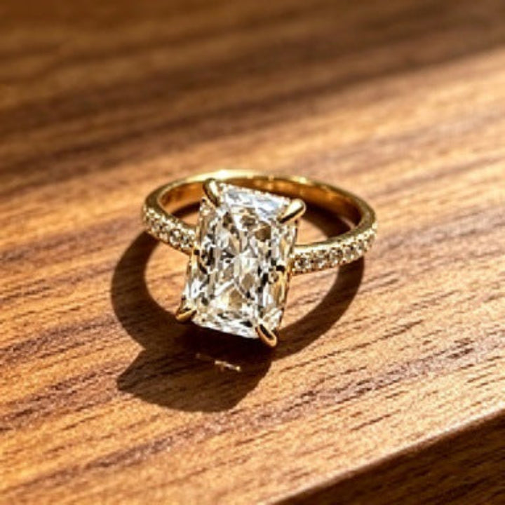 2 Tone Radiant Cut Pave Engagement Ring, Minimal Luxury Prong-Set Bridal Statement Jewelry