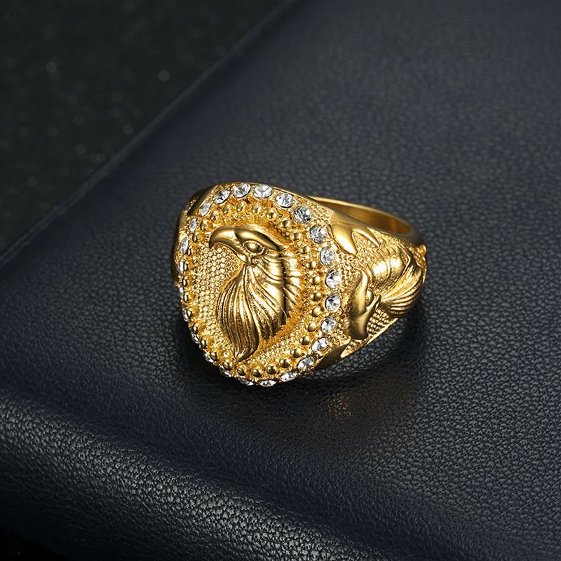 Carved Eagle Head Signet Ring, Pave‑Set Diamond Halo Men Statement Ring, Two Finish Options