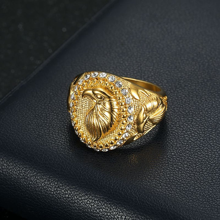 Carved Eagle Head Signet Ring, Pave‑Set Diamond Halo Men Statement Ring, Two Finish Options