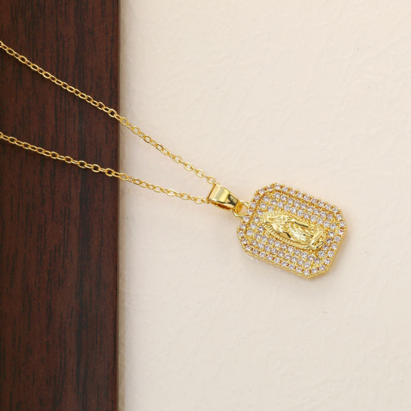 Iced‑Out Virgin Mary Tag Pendant Necklace, Bold, Fully Hip-Hop Style Necklace