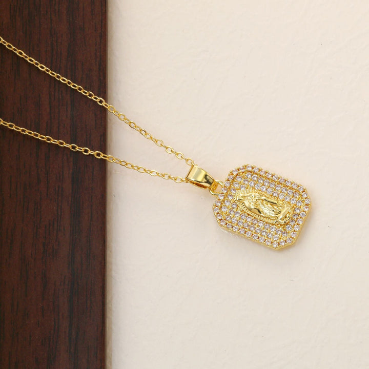 Iced‑Out Virgin Mary Tag Pendant Necklace, Bold, Fully Hip-Hop Style Necklace