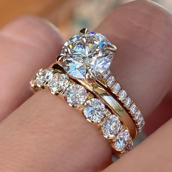 4-Prong Round Diamond Bridal Stack Ring Set, Solitaire & Graduated Wedding Band Kit