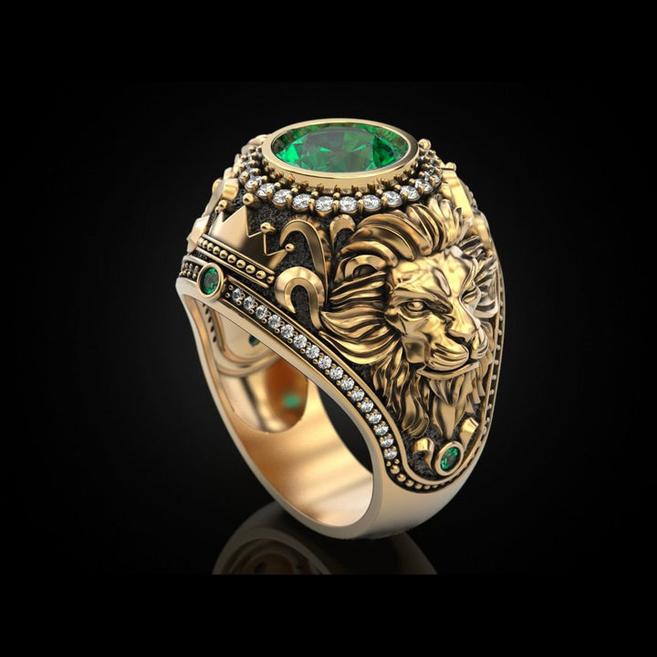 S925 &amp; 14K Lion‑Carved Gemstone Men’s Ring, Meaningful Gift For Him