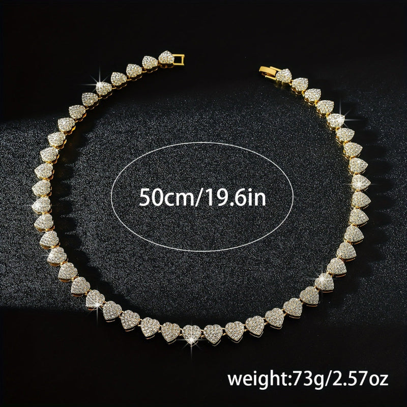 Full Pave Diamond Heart Tennis Choker, Iced Romantic Stackable Collarbone Statement Necklace