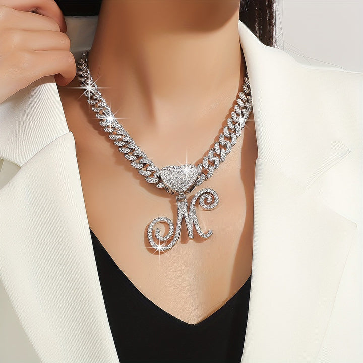 Cursive Initial Letter Necklace With Heart Charm Iced‑Out Cuban Chain, Hip-Hop/Punk Style