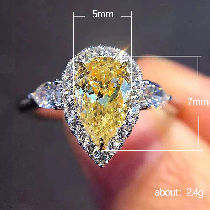 Pear‑Cut Yellow Diamond Halo Ring, Elegant Three‑Stone Women’s Ring