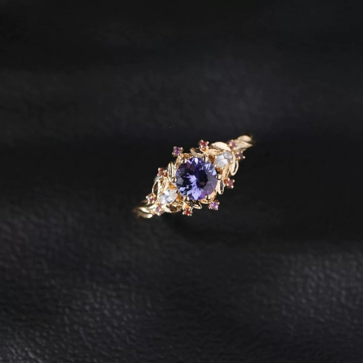 Vintage Leaf Purple Gemstone Open Ring, Elegant Adjustable Statement Ring for Women