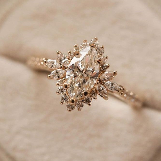Luxurious marquise-cut diamond ring; elegant women&