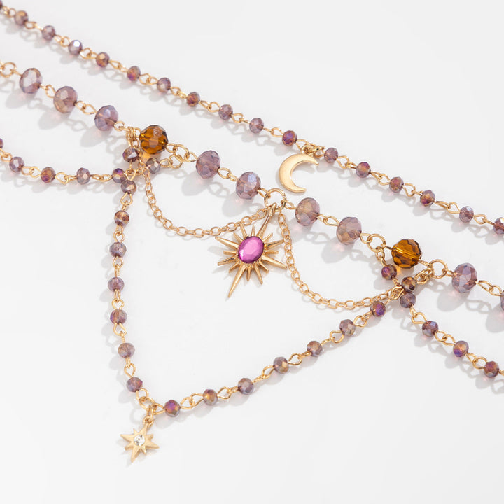 Celestial Moon Sun Star Purple Amber Bead Collarbone Necklace, Witchy Boho Stack Statement