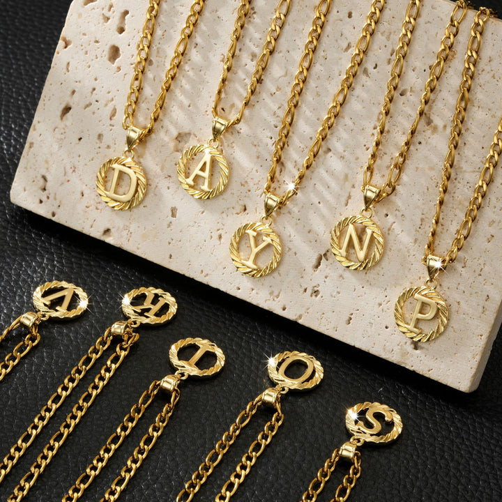 26 Initial Letter Necklace, Twisted Round Alphabet Pendant Figaro Chain for Men Women