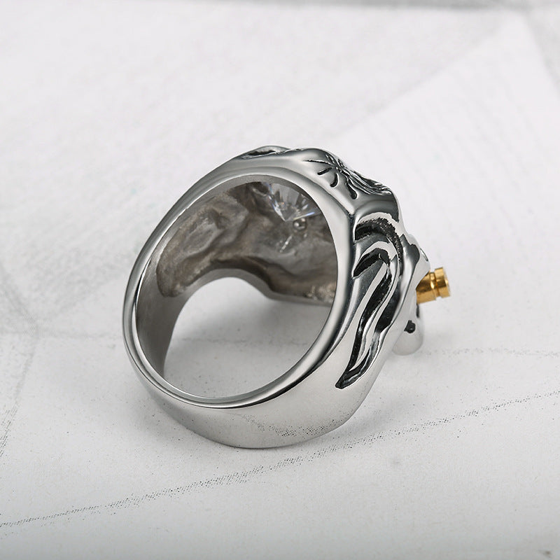 Retro Punk Bold Skull Ring with Diamond Eye, Distressed Gothic Biker Men's Statement Jewelry