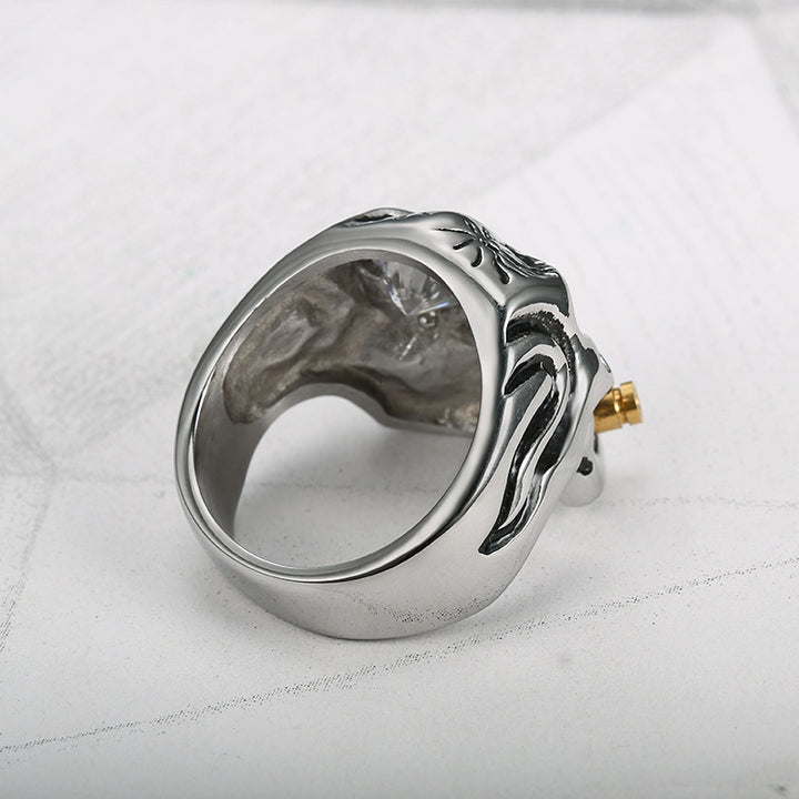 Retro Punk Bold Skull Ring with Diamond Eye, Distressed Gothic Biker Men's Statement Jewelry