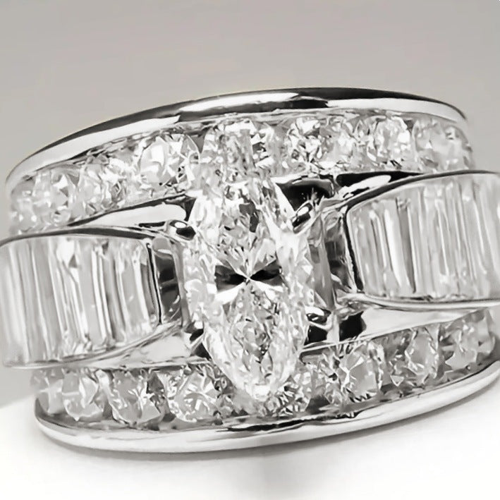 Marquise Cut Wide Band Ring, Multi-layer Paved Sparkling Statement Ring for Women