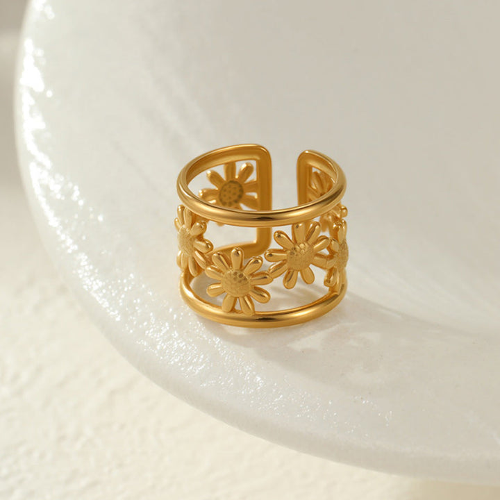 2‑Style Gold‑Tone Open Cuff Statement Rings, Hollow Daisy & Cluster Pearl Adjustable Rings