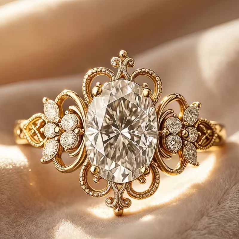 Vintage Art‑Deco Oval‑Cut Diamond Gold Ring, Ornate Filigree Engraved Statement Engagement Ring