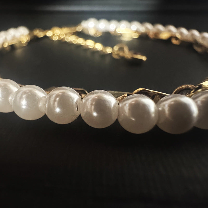 Pearl & Geometric Metal Stacked Bracelet, Heart Diamond Charm Dainty Layered Women Coquette Minimalist Wrist Jewelry