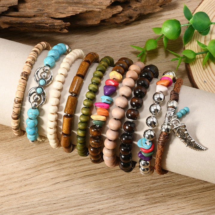 Boho Multi‑Layer Wooden Bead Stackable Bracelet Sets, Vintage Ethnic Mixed‑Media Statement Wrist Jewelry