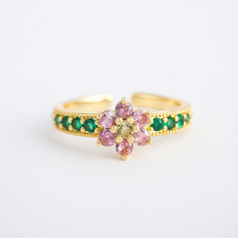 Colorful Floral Multi-Gem Adjustable Open Ring, Pink Flower Emerald Band Diamond Stackable
