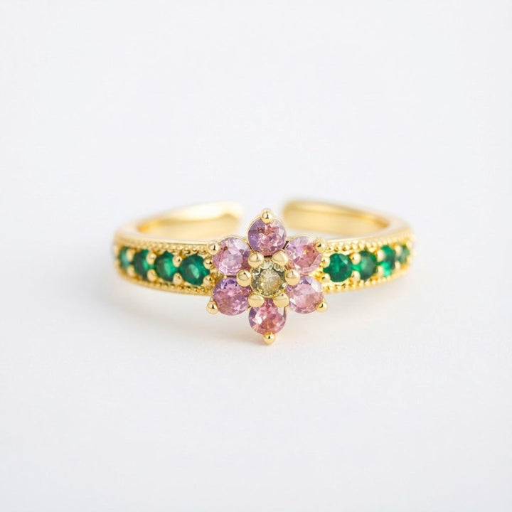 Colorful Floral Multi-Gem Adjustable Open Ring, Pink Flower Emerald Band Diamond Stackable