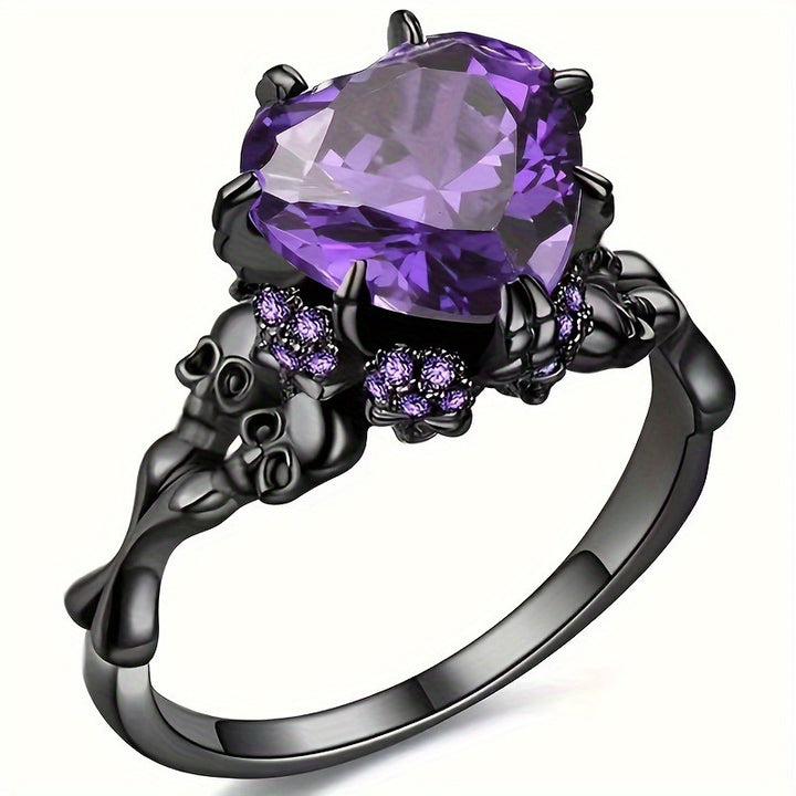 Gothic Skull Claw Heart Gem Ring, 3 Color Red Black Purple Heart Stone Dark Punk Halloween Statement Ring