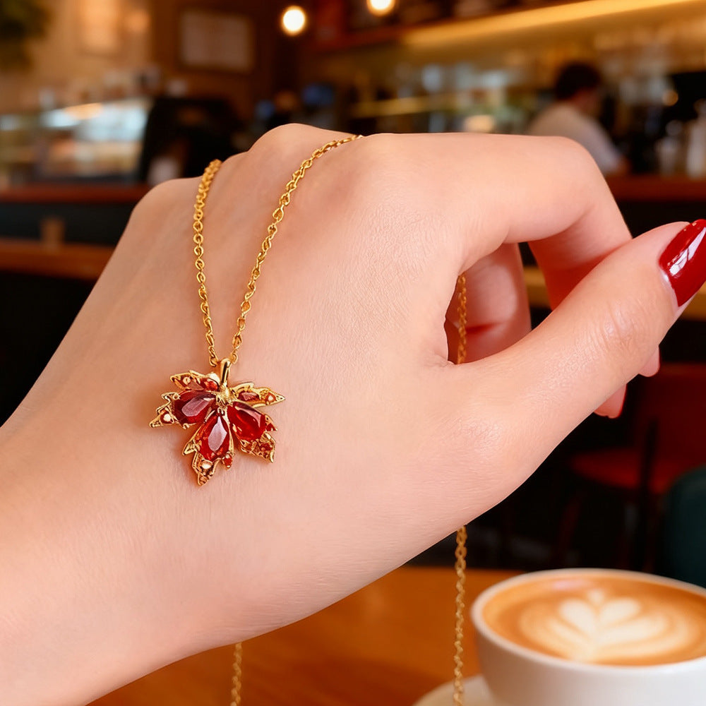 Sparkling Maple Leaf Jewelry Set, Red Stone Leaf Earrings &amp; Pendant Necklace for Women