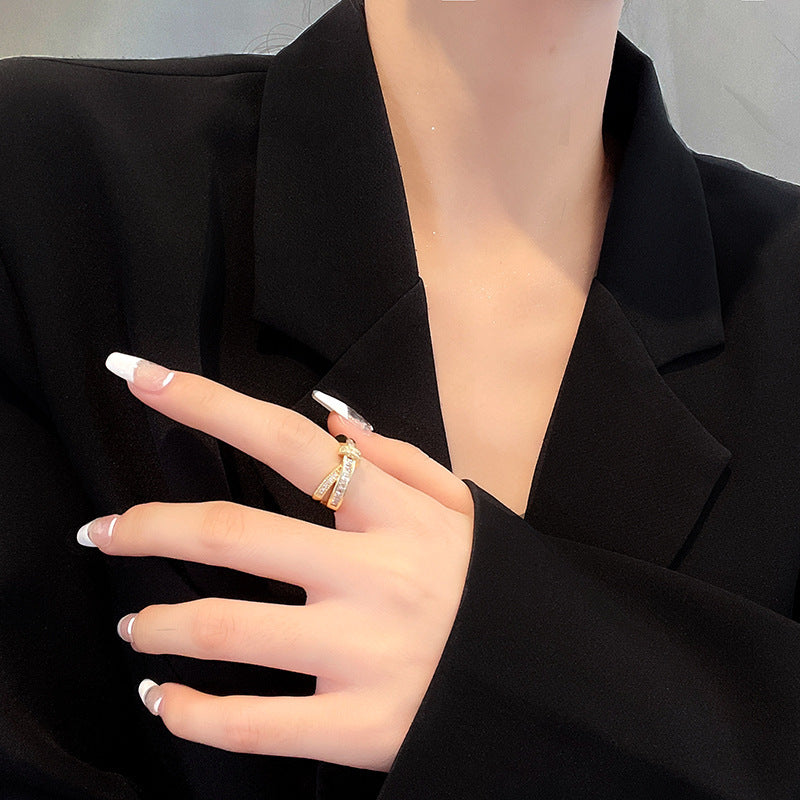Chic Twisted Cross Open Ring, Sparkling Diamond Statement Ring for Women, Trendy Stackable Jewelry