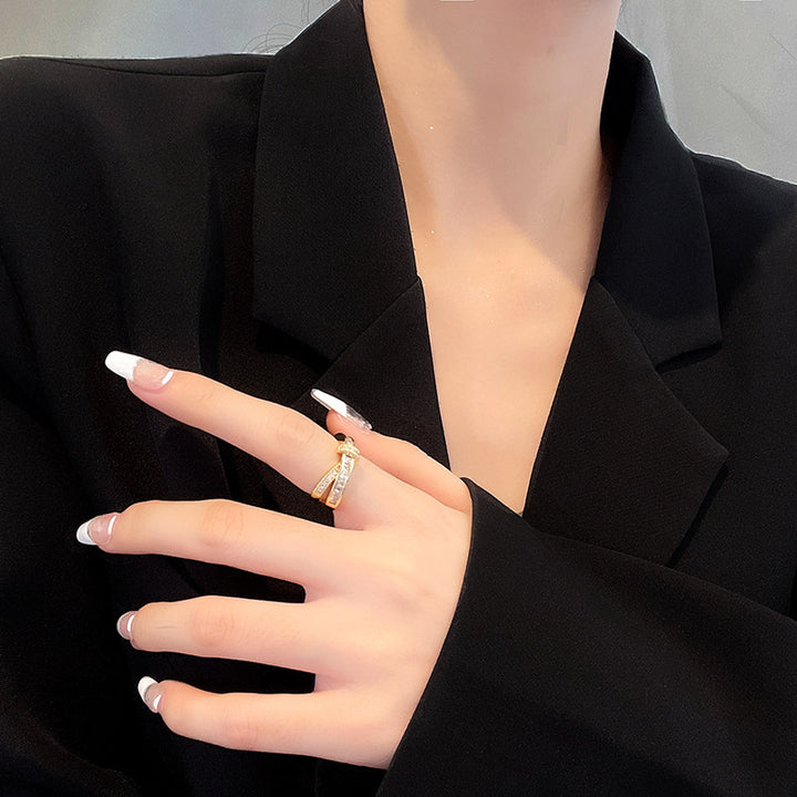 Chic Twisted Cross Open Ring, Sparkling Diamond Statement Ring for Women, Trendy Stackable Jewelry