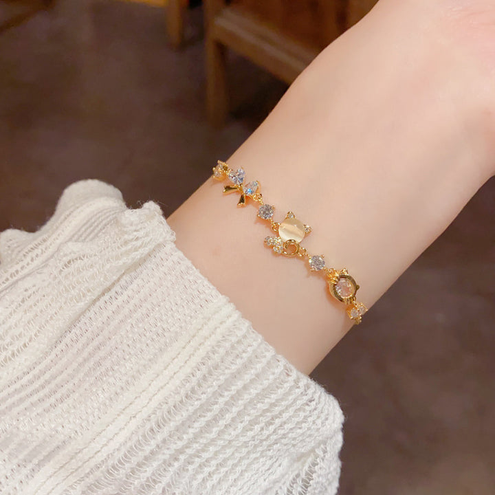 Cute Cat & Bow Diamond Chain Bracelet, Adjustable Dainty Wrist Jewelry in Gold & Silver Tone for Women