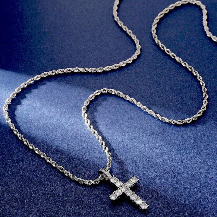 Iced‑Out Round‑Cut Diamond Cross Pendant Necklace, 2‑Tone Hip‑Hop Rope Chain Necklace