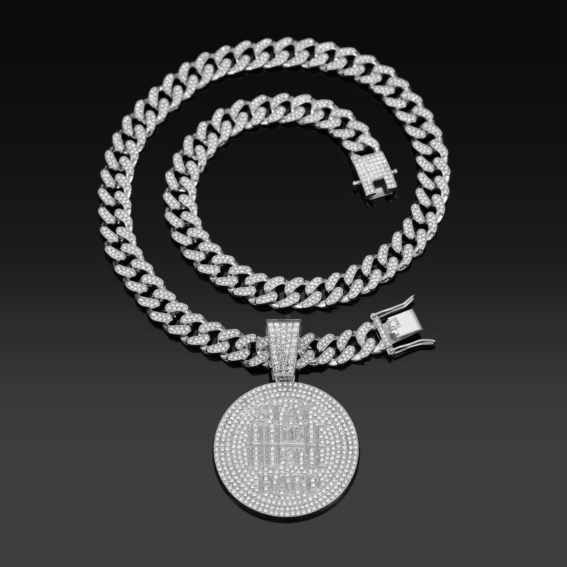 Round Diamond Pendant Cuban Chain Necklace, Unisex Hip Hop Motivational Statement Jewelry