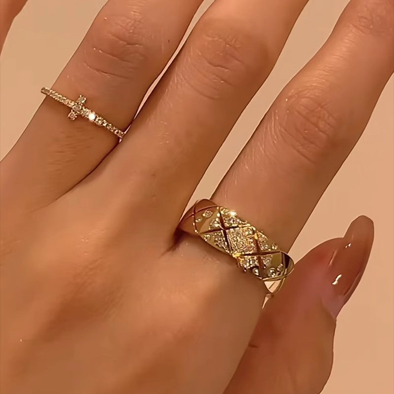 Paved Diamond Stackable Adjustable Opening Ring For Women, Elegant Cross-Shaped Ring