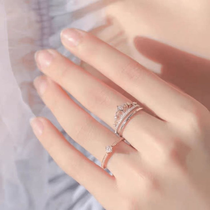 Exquisite 2-Piece Crown Stackable Ring Set, Sparkling Stone Queen Statement Rings for Women