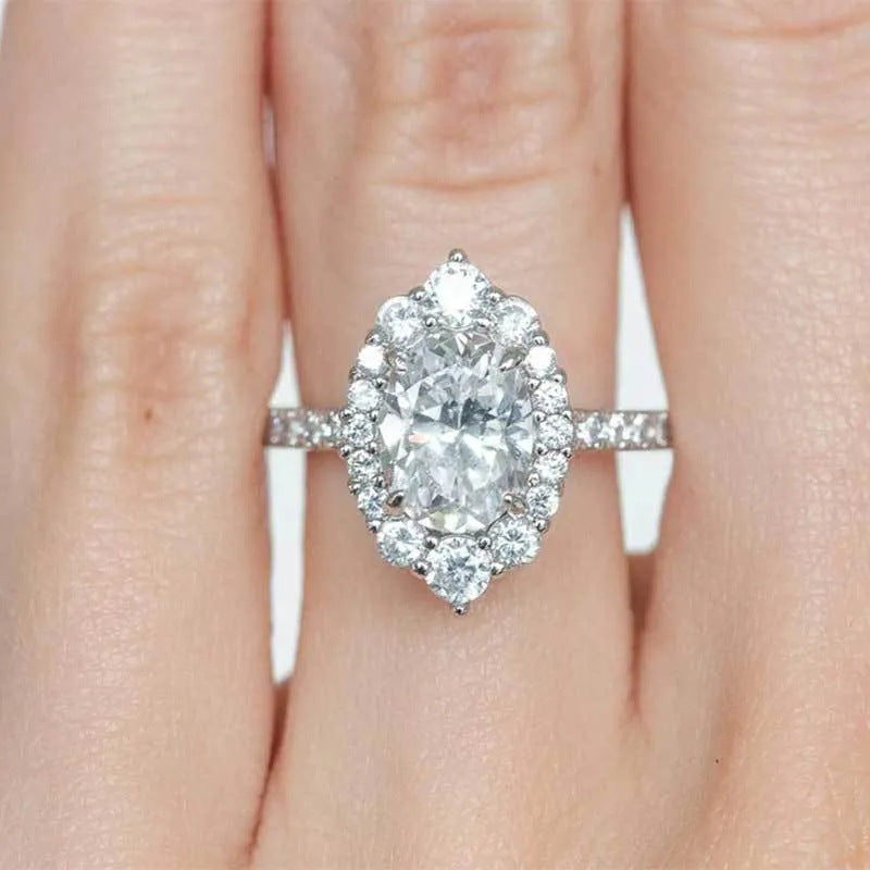 Marquise Cut Halo Diamond Engagement Ring, S925 Silver Paved Band Ring