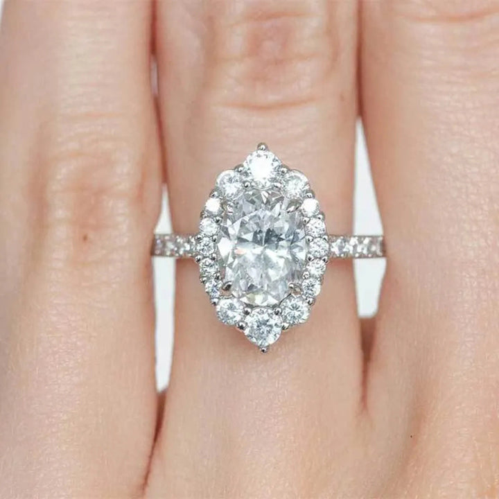 Marquise Cut Halo Diamond Engagement Ring, S925 Silver Paved Band Ring