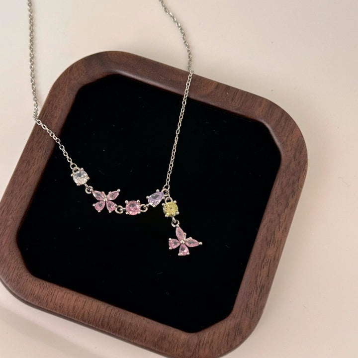 Colorful Multi Stone Pendant Necklace, Dainty Butterfly Cluster Gemstone Chain Necklace