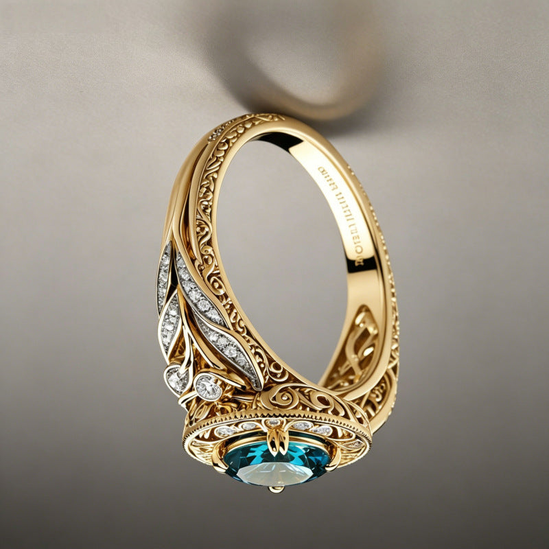Vintage Round Blue Gemstone Ring, Intricate Filigree Diamond Accent Statement Ring, Luxury Gift