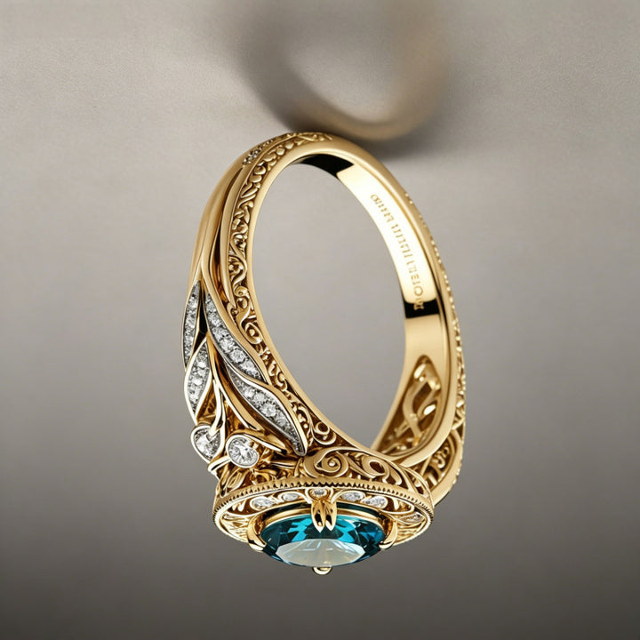 Vintage Round Blue Gemstone Ring, Intricate Filigree Diamond Accent Statement Ring, Luxury Gift