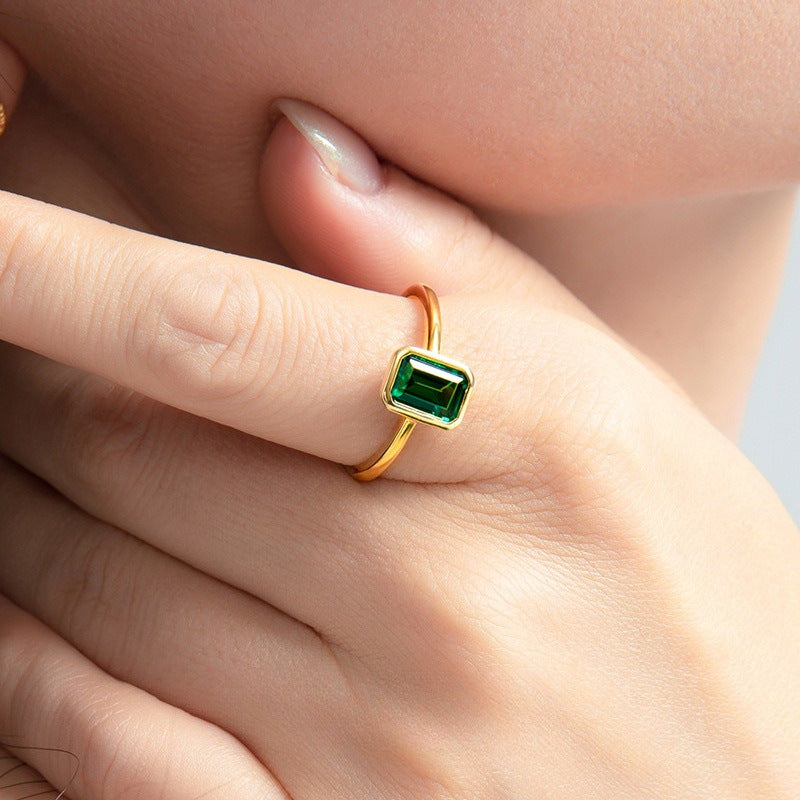 14K Gold Bezel Set Emerald Cut Gemstone Ring, Minimalist Rectangular Stone