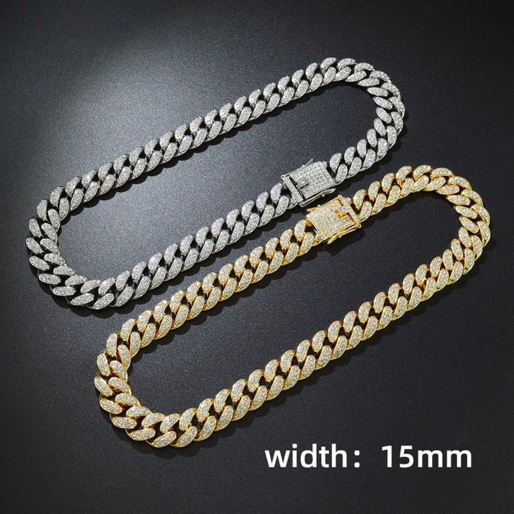 15mm Iced‑Out Diamond Cuban Link Chain Set, Hip Hop Style Necklace and Bracelet for Trendy Men