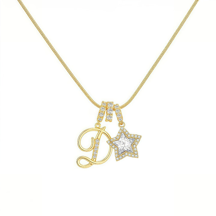 Cursive Initial Letter Diamond Star Pendant Necklace, 26‑Alphabet Snake Chain Necklace