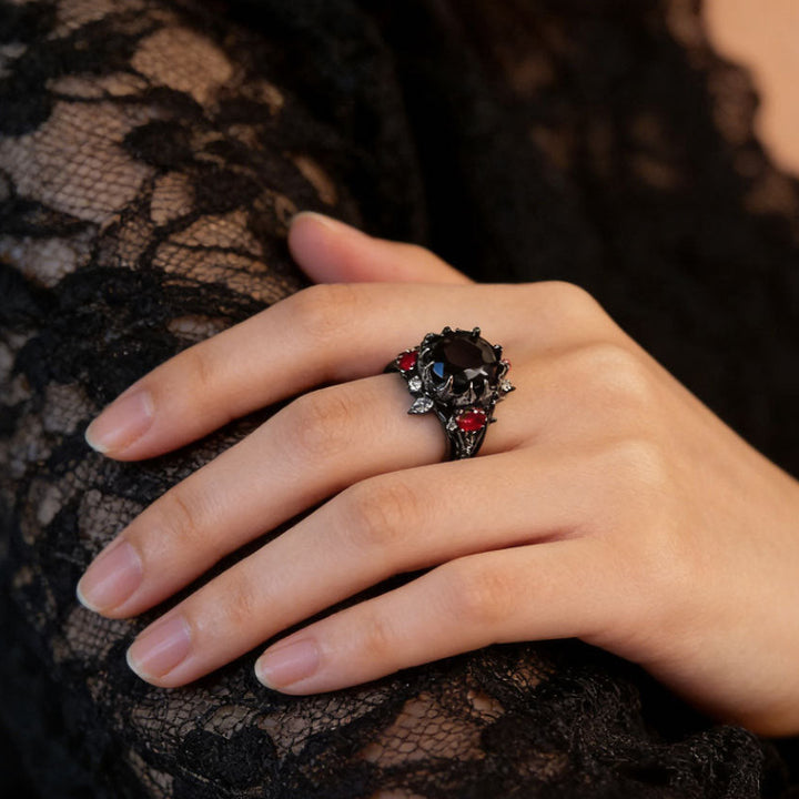 Dark Floral Multi‑Gemstone Gothic Statement Ring, Two-Tone Vintage Floral Ring