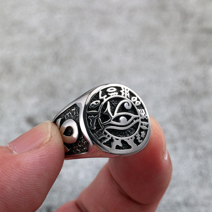 Ancient Egyptian Eye of Horus Signet Ring, Engraved Ankh Hieroglyph Unisex Symbol Ring