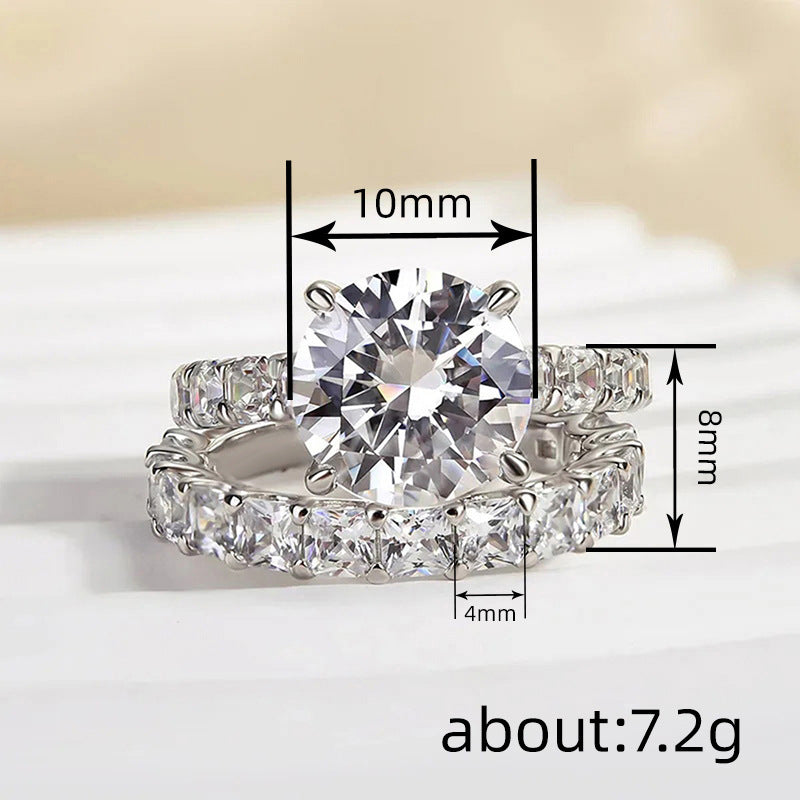 4 Prong Round Solitaire Double Row Baguette Split Shank Stackable Silver Bridal Wedding Ring