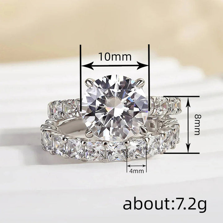 4 Prong Round Solitaire Double Row Baguette Split Shank Stackable Silver Bridal Wedding Ring