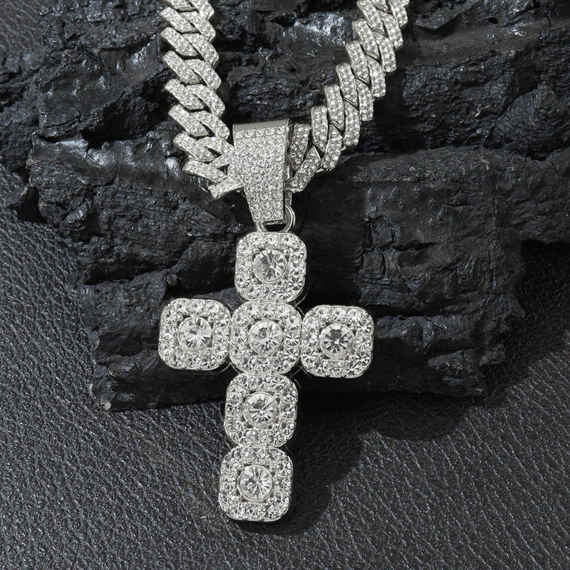 Halo Square Cluster Diamond Cross Pendant Cuban Link Necklace, Hip Hop Faith Religious Statement Jewelry